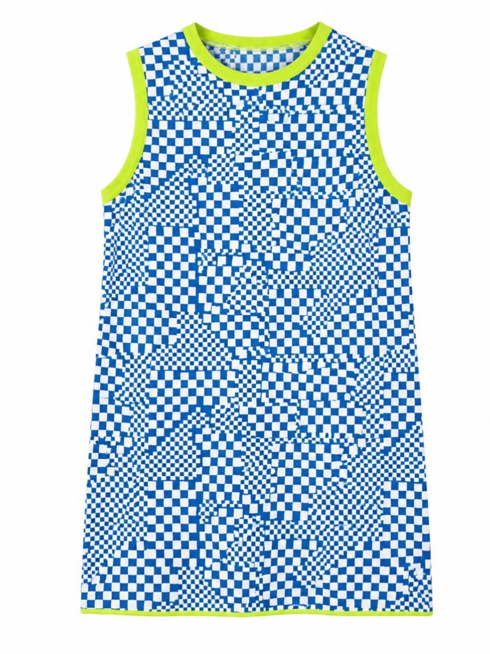 Zara Blue Checkerboard Mini Dress with Neon Lime Trim
